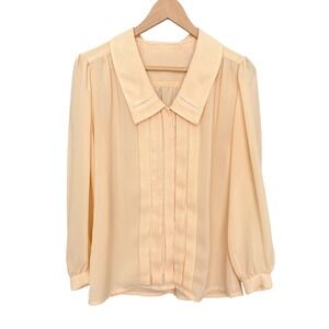 VTG 60s Cottagecore Boho Blouse Long Sleeve Pleated Collared Top Feminine Sz M/L